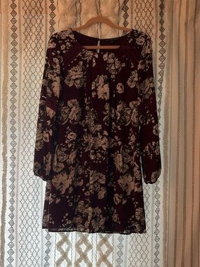 Fifth & Park Maroon Floral Long-Sleeve Dress